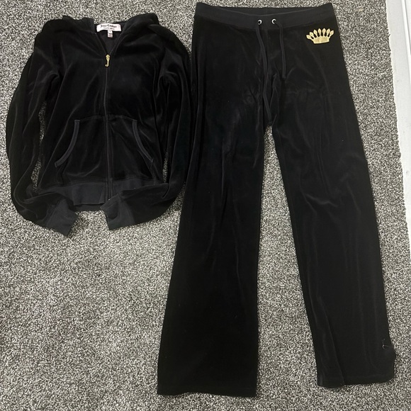 Juicy Couture Pants - Juicy Couture Black Velour Jogger Set with Gold Crown Detail Y2K